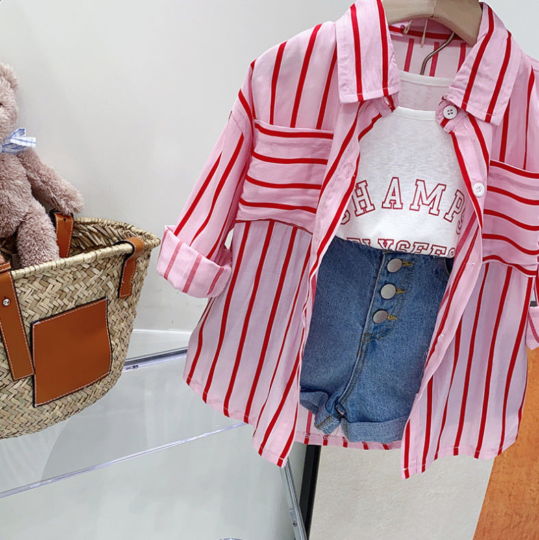 Young And Little Girls Striped Long Sleeve Shirt Three-piece Suit