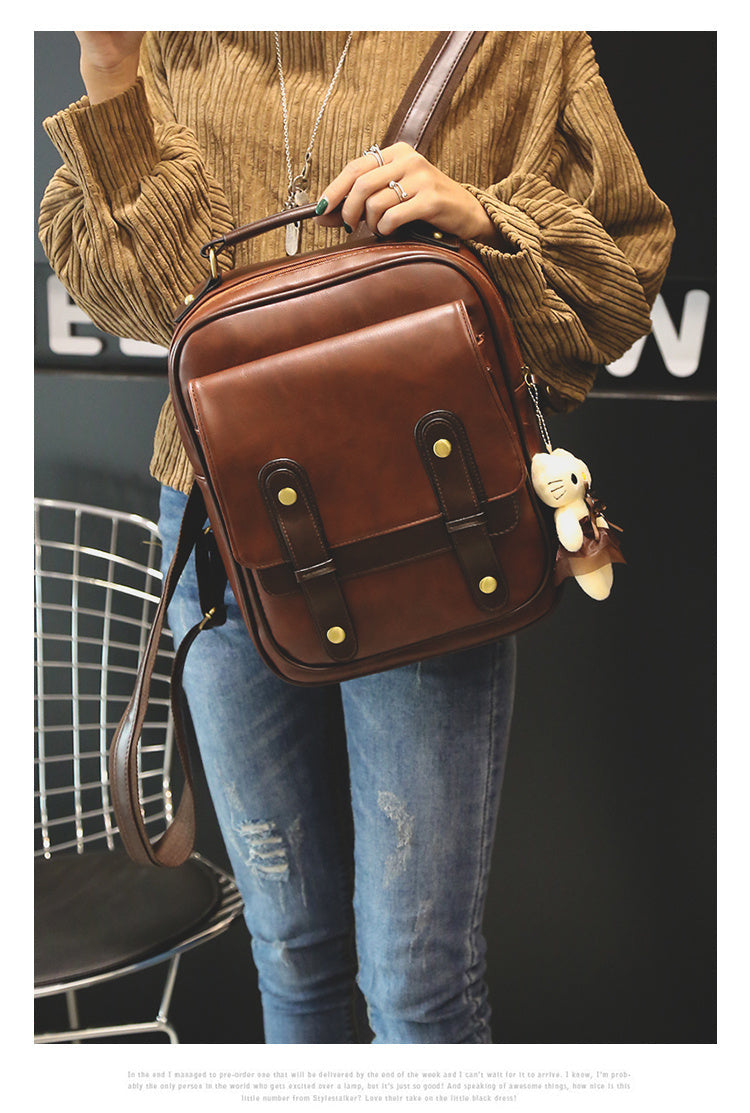 Women's PU Leather Backpack Retro Plain Campus Style