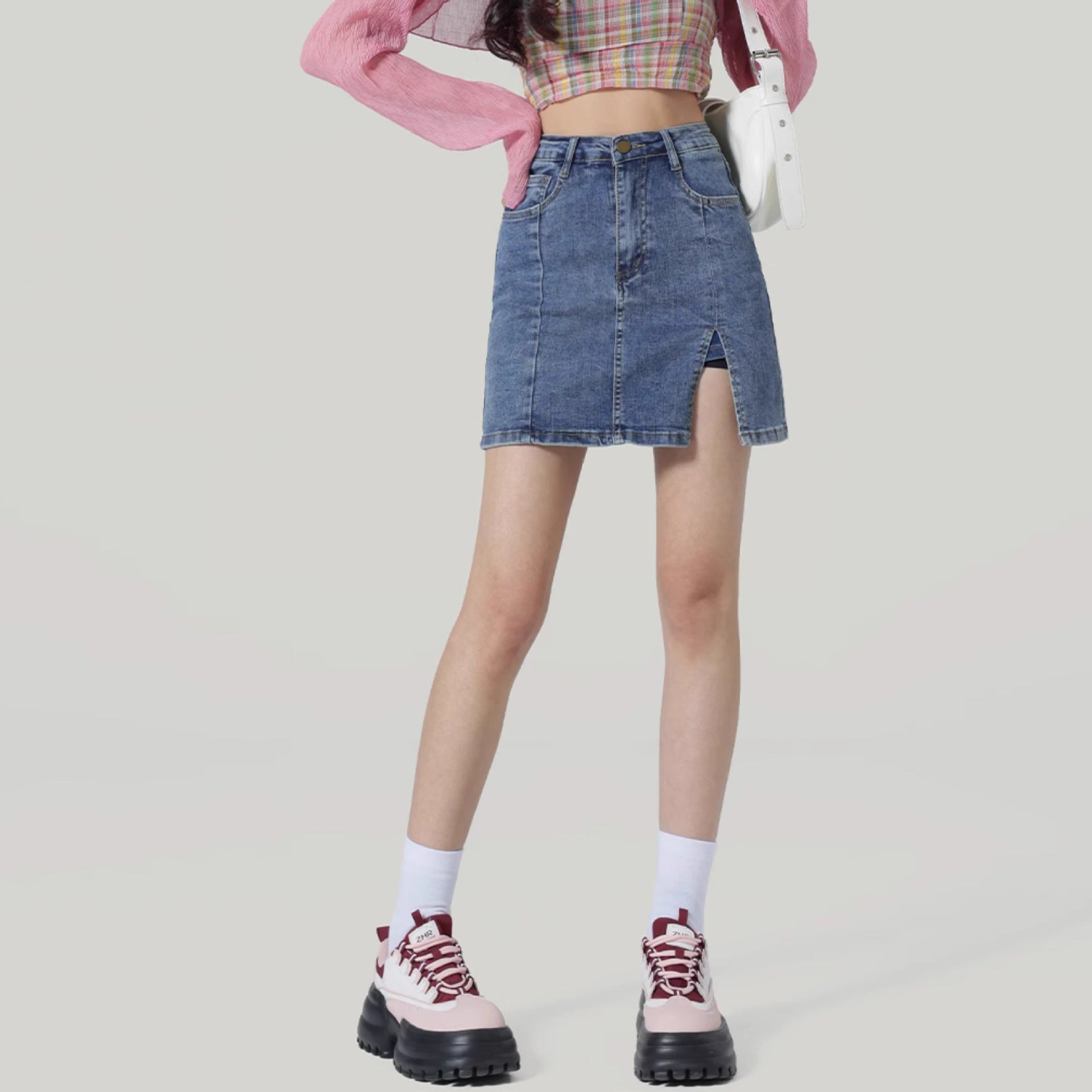 High-Waisted Distressed Denim Mini Skirt – Women’s Zipper Button Hip Skirt Casual Streetwear