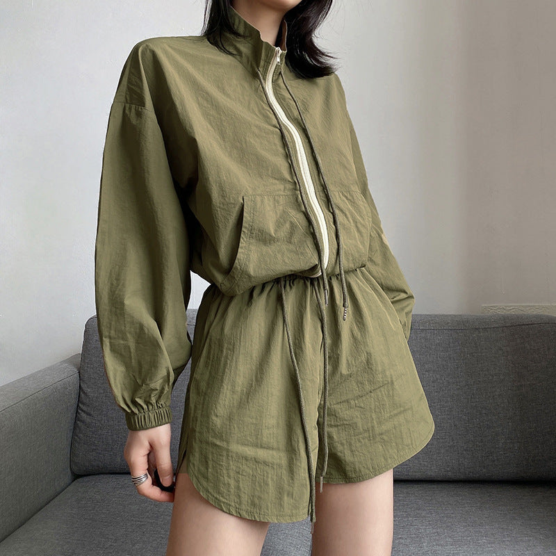 Long-sleeved Coat Shorts Two-piece Women's Army Green Zipper Stand-up Collar