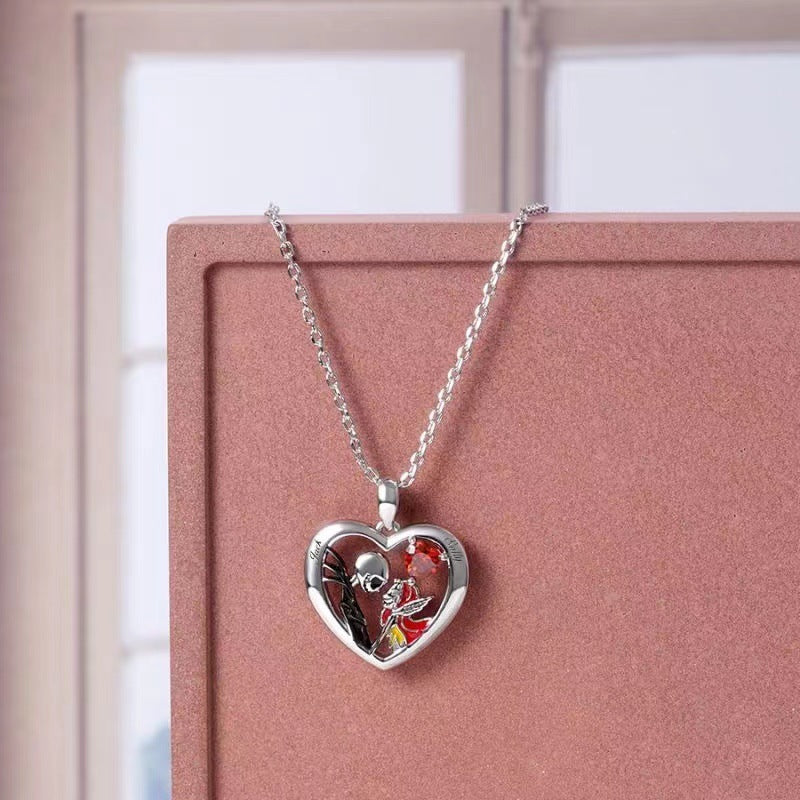 Halloween Heart-Shaped Skull Necklace – Rhinestone Couple Clavicle Pendant Jewelry for Men and Women