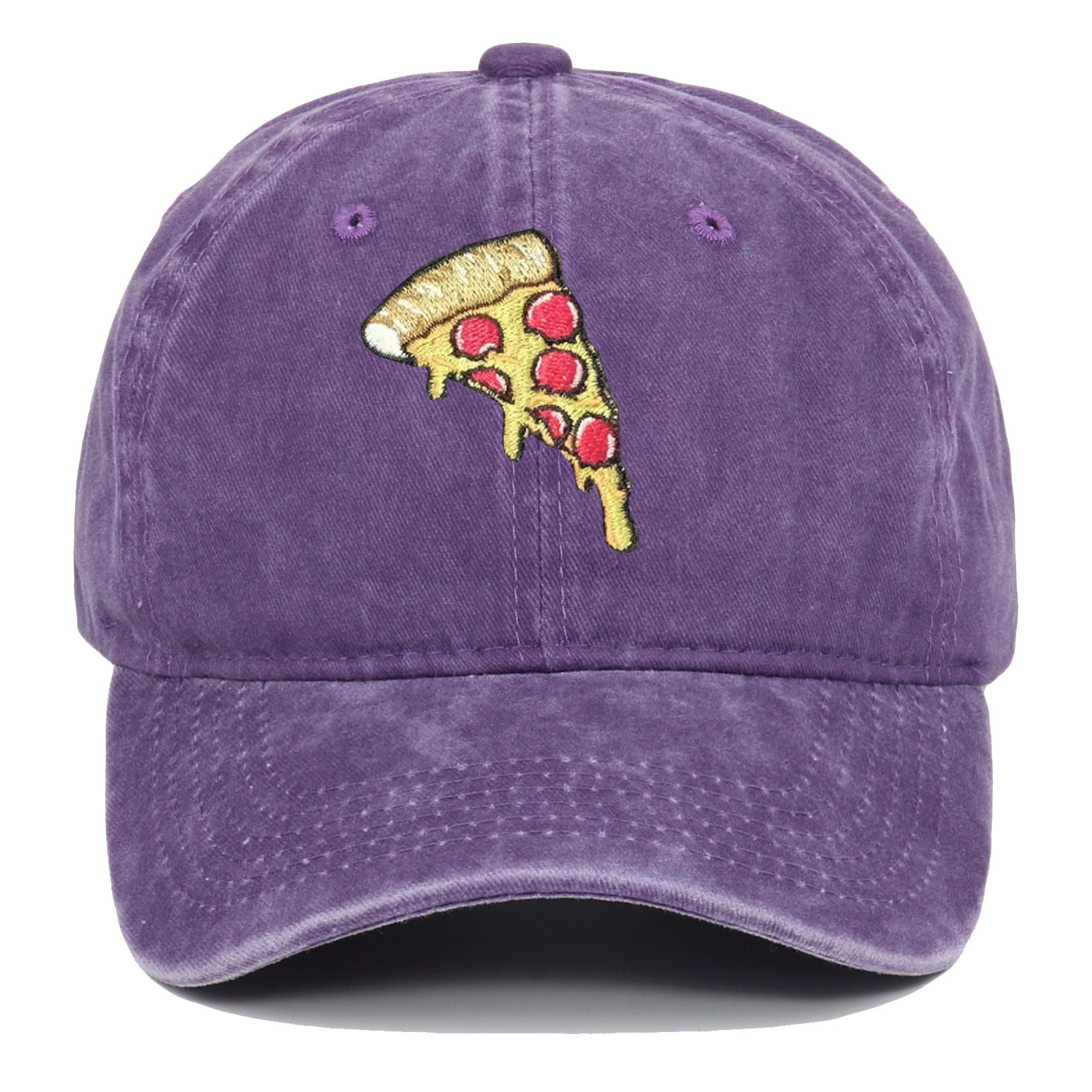 Pizza Embroidery Soft Top Baseball Cap Retro Worn Looking Washed-out