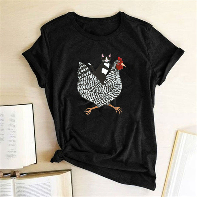 Cat Riding Chicken 3D Print Short Sleeve Funny Womens T Shirt Summer New Products Casual O Neck Wild Street Hipster Loose Ladies