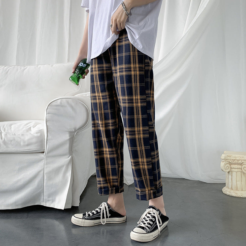 Men’s Loose Plaid Cargo Pants – Summer Straight Ankle-Length Leisure Trousers