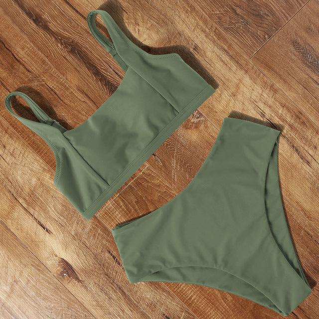 Women's One-Piece Swimsuit – Solid Color Polyester Swimwear