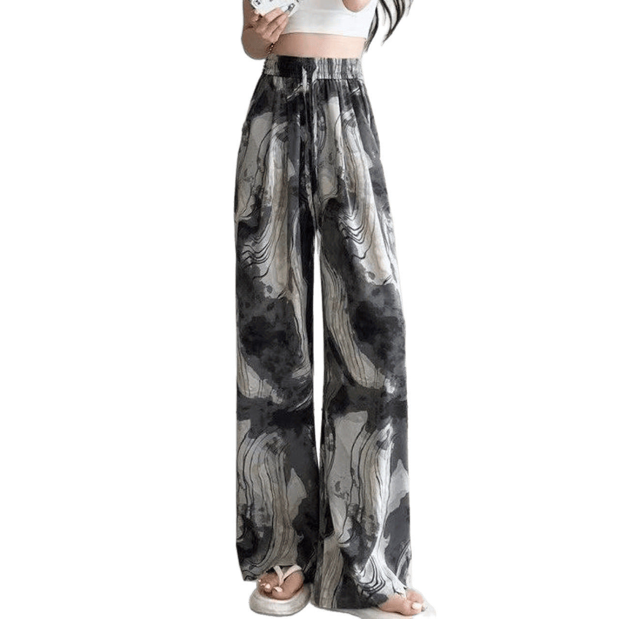 Women’s Tie-Dye Ink-Print Loose Pants – Elastic High Waist, Casual Wide-Leg