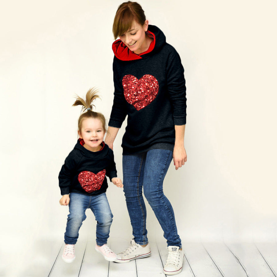 Sequined Heart-shaped Hooded Parent-child Women's Sweater