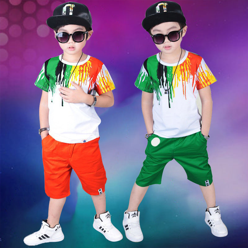 Korean Style Unisex Kids Short Sleeve Cotton Pantsuit Slim