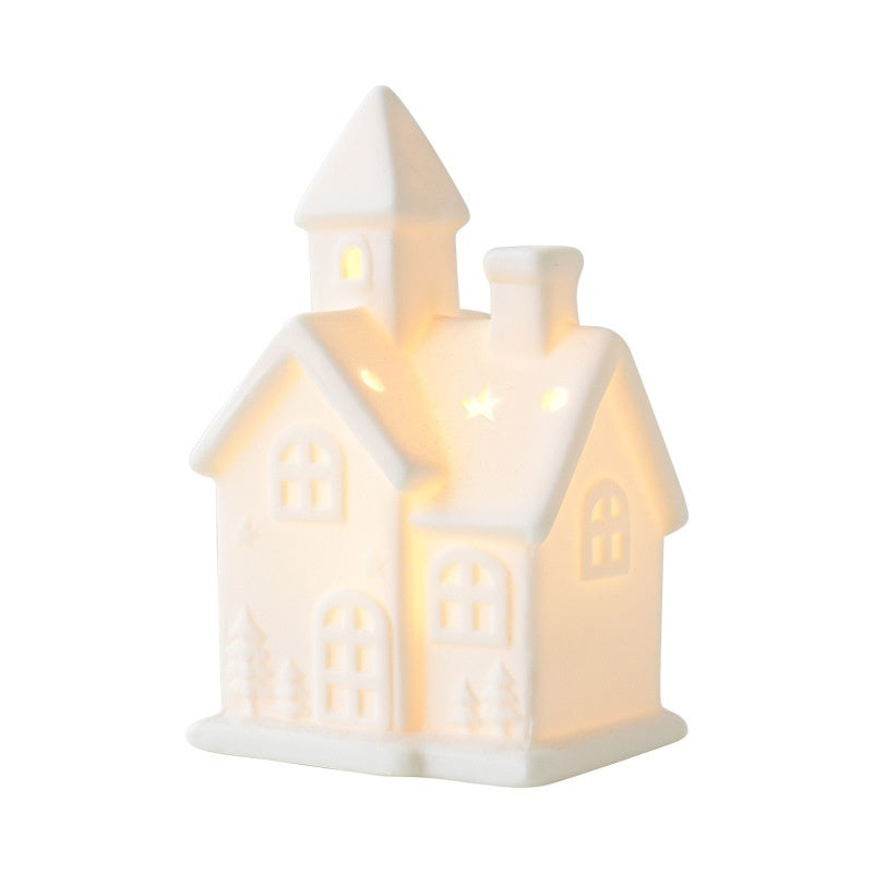 Ceramic Christmas Tree with LED Snowman Small House Desktop Decoration