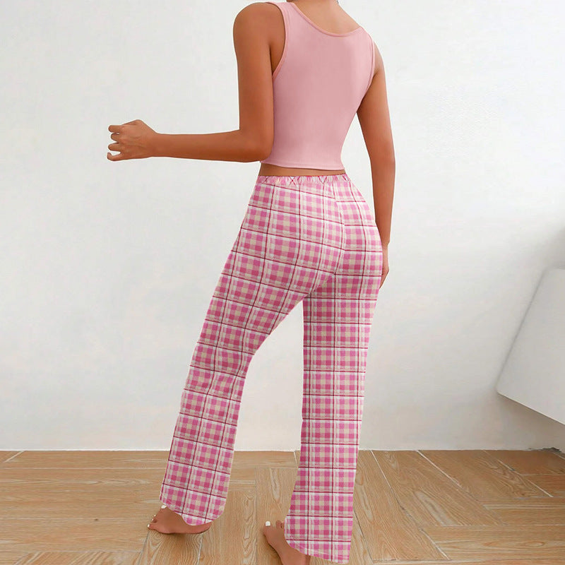 Spring Summer Women’s Casual Pajamas Set – Vest & Color-Matching Plaid Trousers