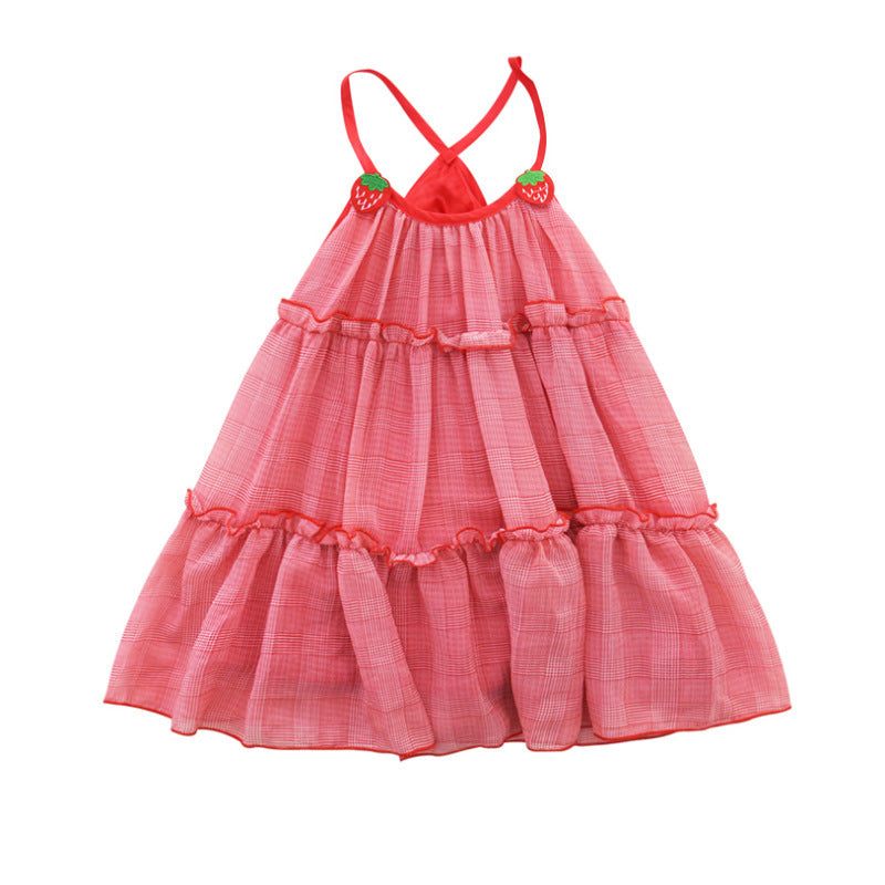 Girls' Skirt Strawberry Mesh Suspender Dress