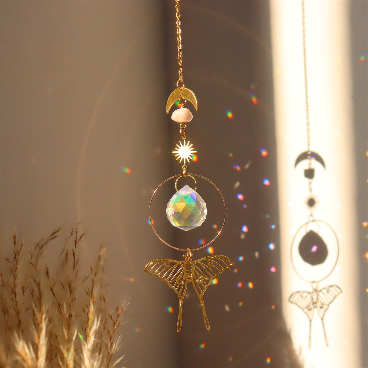 Brass Butterfly Moth Crystal Sun Catcher Pink Crystal Rough Stone Window Room Decoration Hanging Ornament