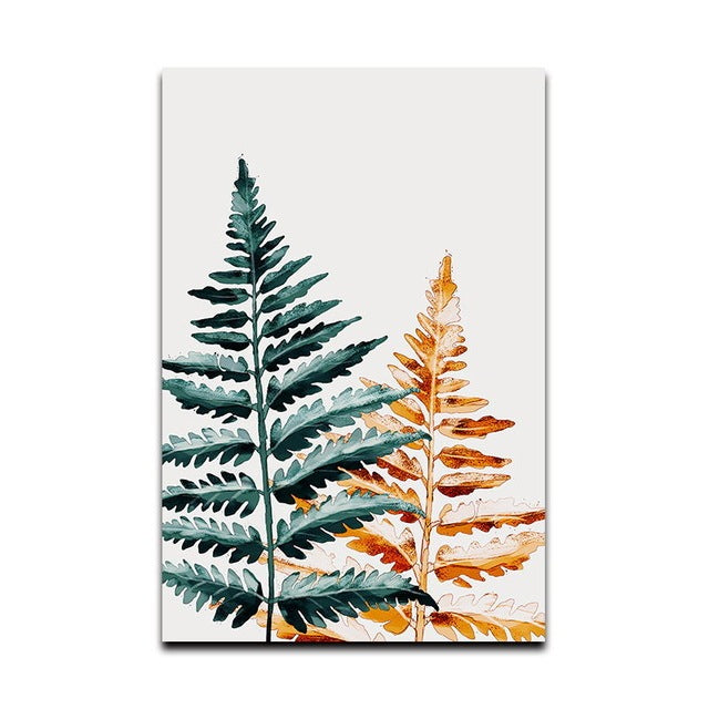 Tropical Plant Wall Art – Simple Green & Gold Leaf Oil Painting Canvas Decor