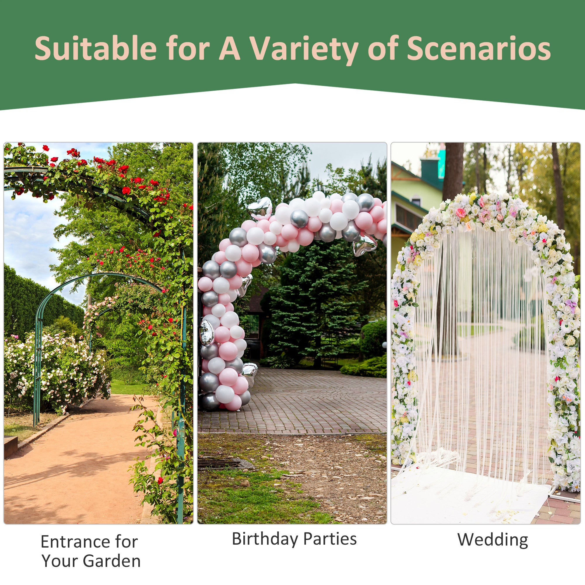 7Ft Metal Garden Arch, Functional Support, All-weather Resistance, Top Extension Bar, For Wedding, Party, Ceremony, Black