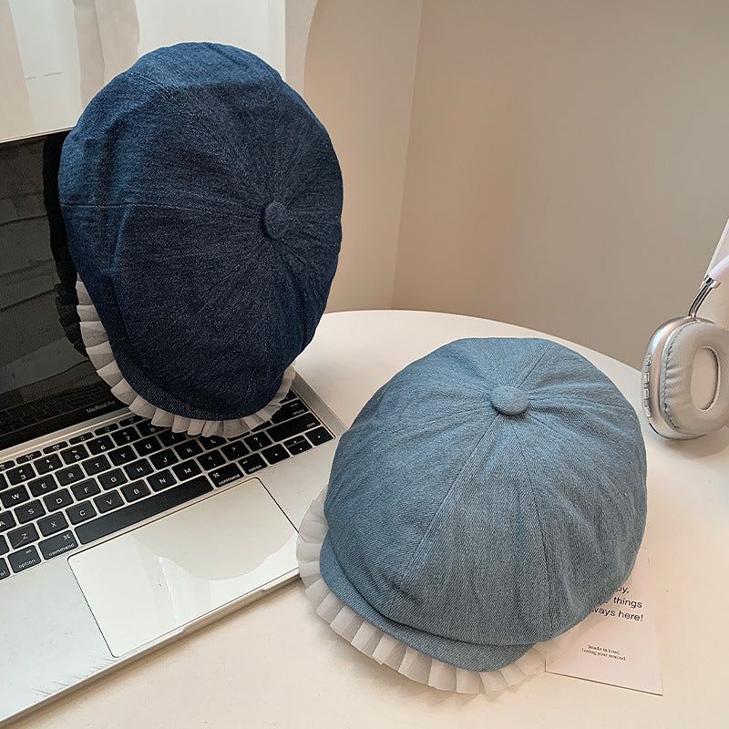 Lace Denim Beret Women's Spring And Summer Japanese-style Retro