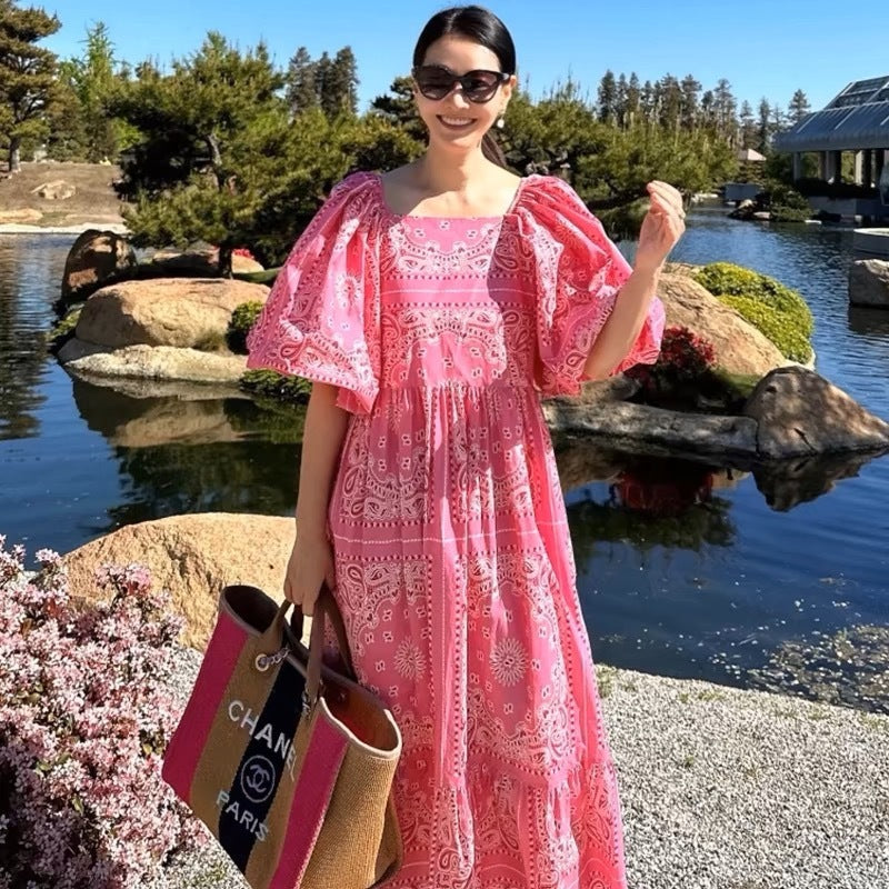 Printed Loose Casual Puff Sleeve Dress