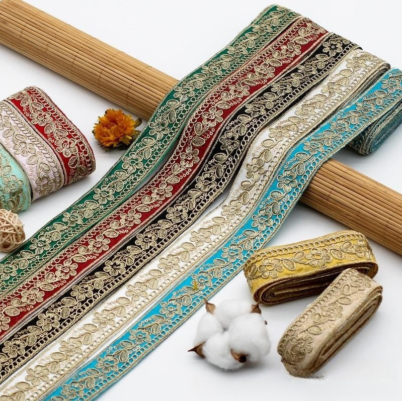3cm Wide Ethnic Style Lace Chiffon with Golden Strand Embroidery – 10 Colors, Clothing Collar Accessories