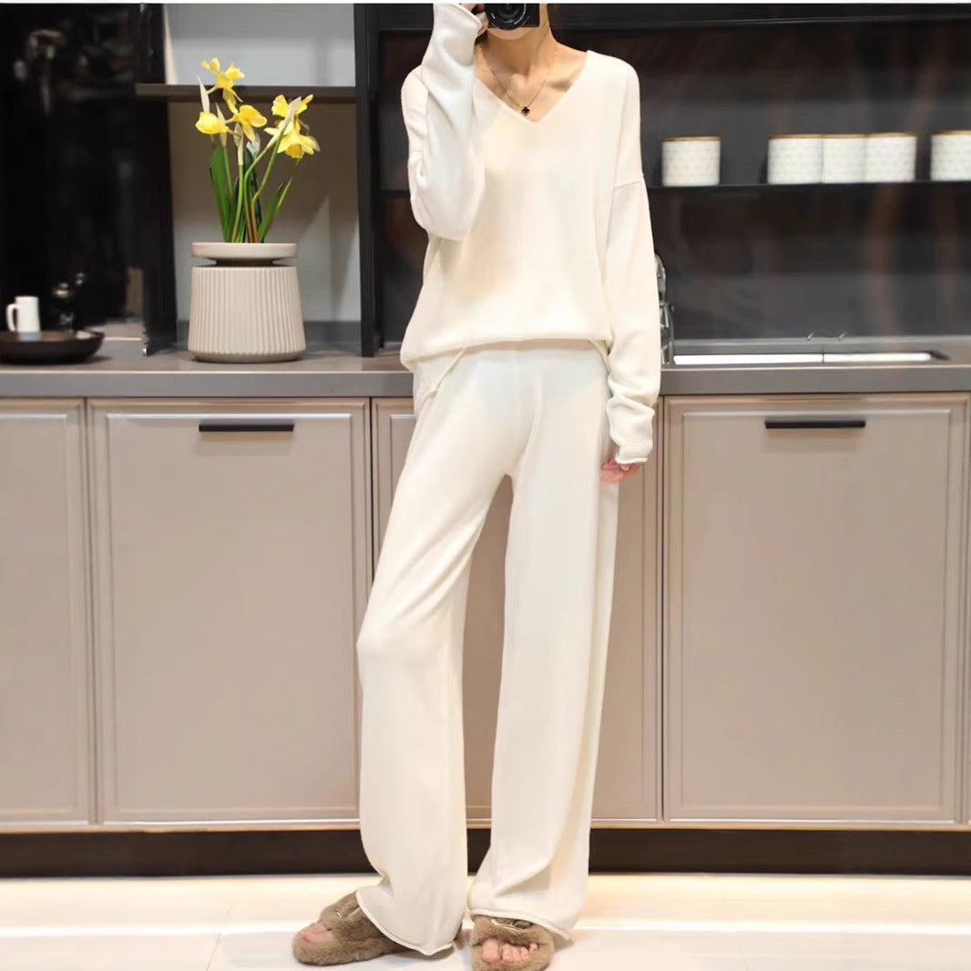 Unisex Korean Cashmere Hooded Top Spliced Wide Leg Pants