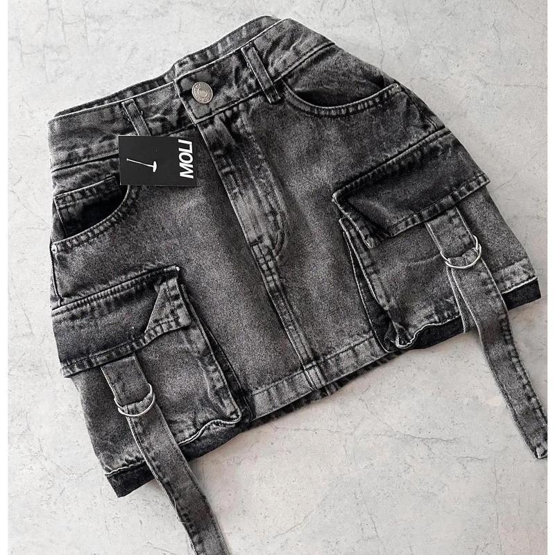 Multiple Pocket Denim Plaid Skirt – Vintage Goth Black Y2K Style
