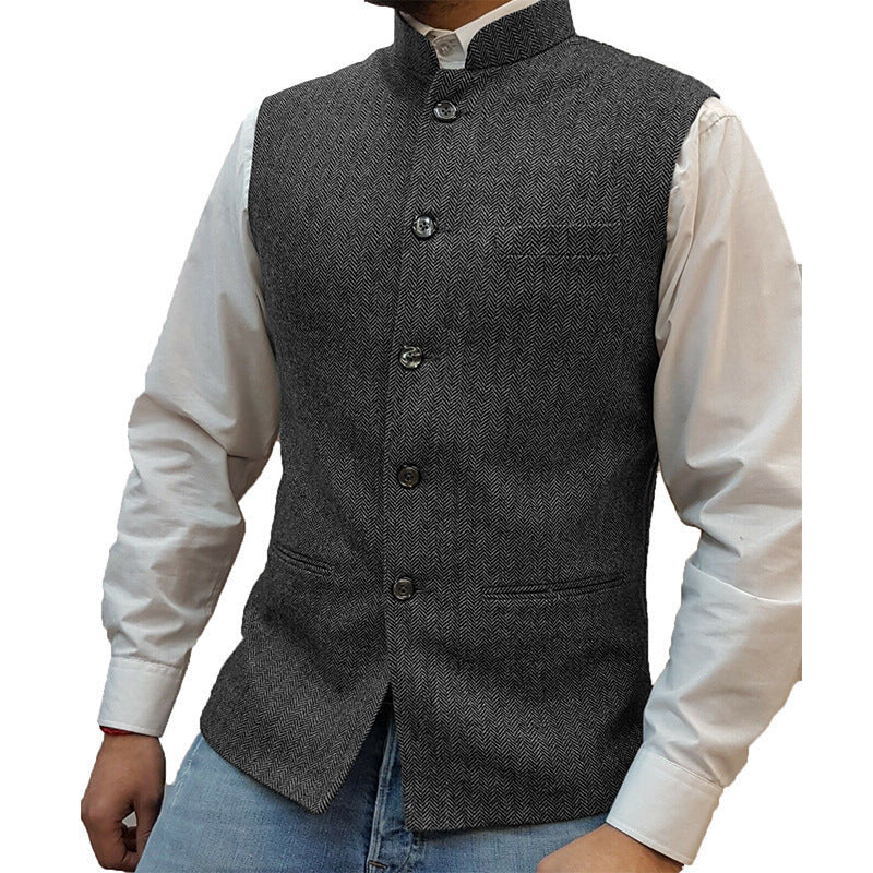 Men's Herringbone Polyester Zhongshan Collar Vest Pattern