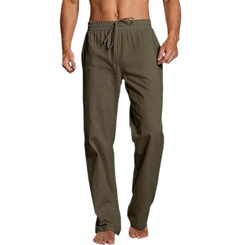 Men’s Cotton Linen Trousers – Loose Elastic Drawstring Waist Pants