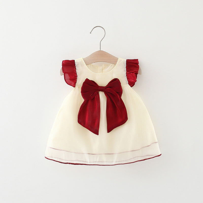 Summer Solid Color Twilight Yarn Korean Style Color-blocking Bow Flounced Sleeve Princess Dress