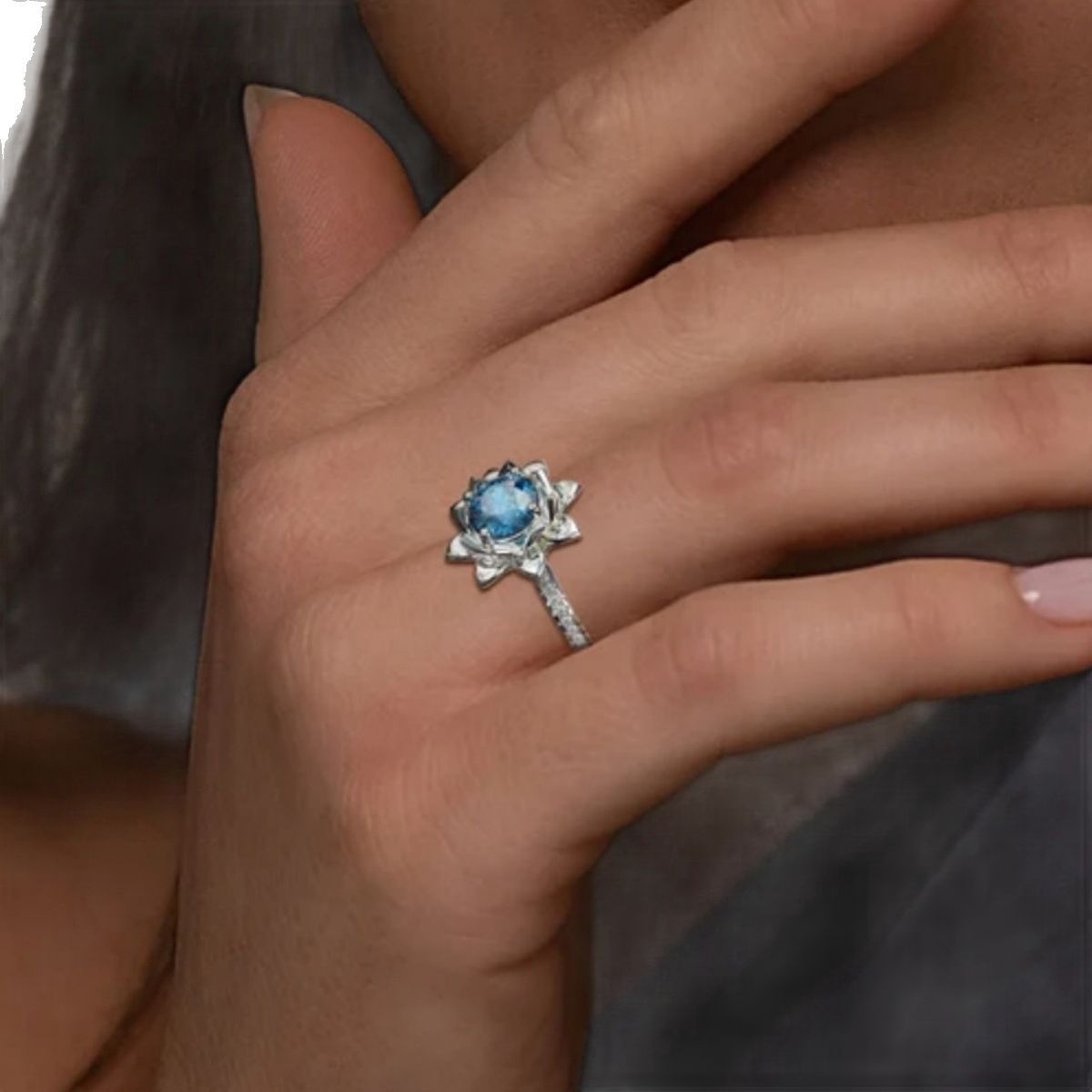 Elegant Silver Electroplated Copper Lotus-Shaped Engagement and Wedding Ring for Women