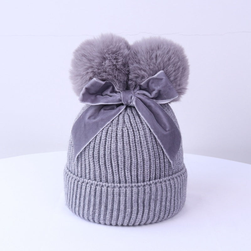 Double Ball Bow Knit Hat For Thick And Warm