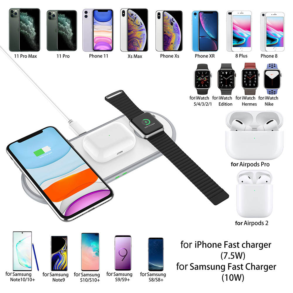 3-in-1 Wireless Charger – 15W Qi Dock for Phone, Watch & Earbuds (USB-C)