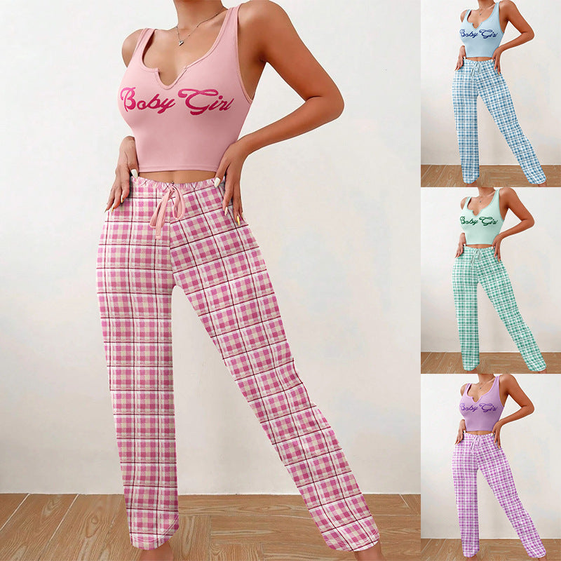 Spring Summer Women’s Casual Pajamas Set – Vest & Color-Matching Plaid Trousers