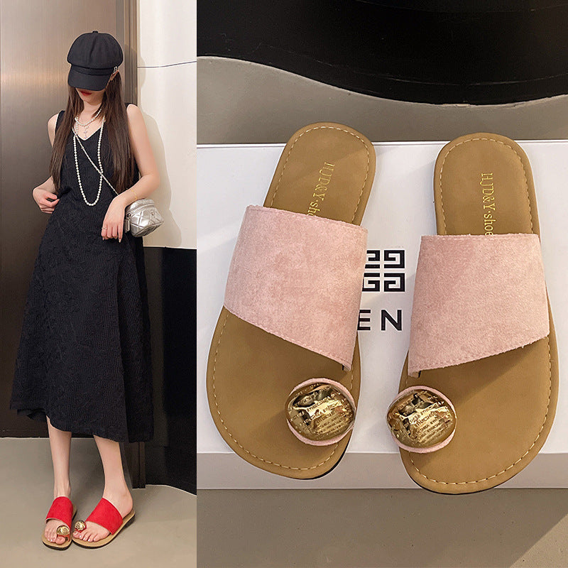 Women's French Style PU Flip Flops Flat Toe Sandals Solid