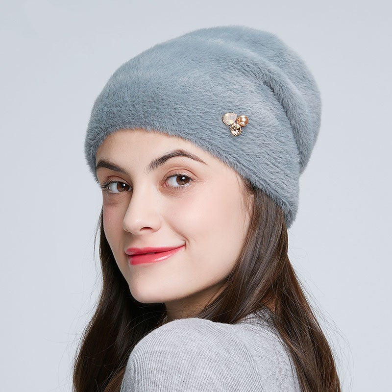 Imitation Mink Knit Wool Hat Women Rhinestone Fashion