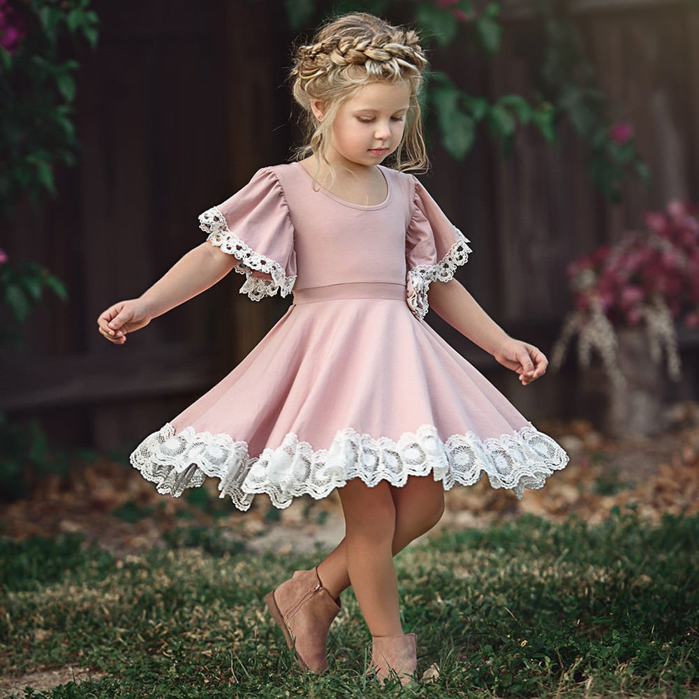 Girls Lace Dress Princess Cut Cotton Pink Party Dress