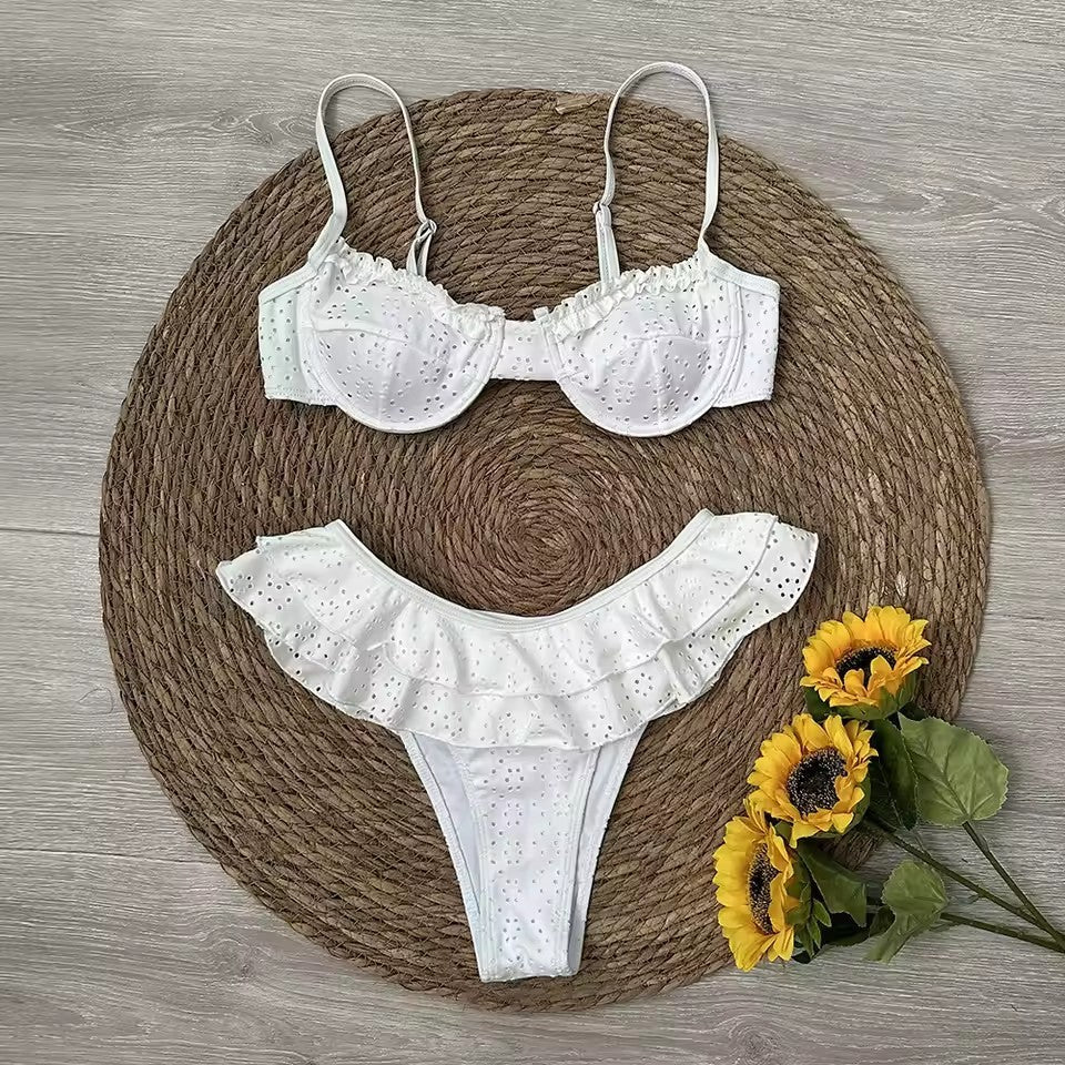 Women’s White Floral Bikini Set – Nylon Polyester Swimwear with Spandex Lining