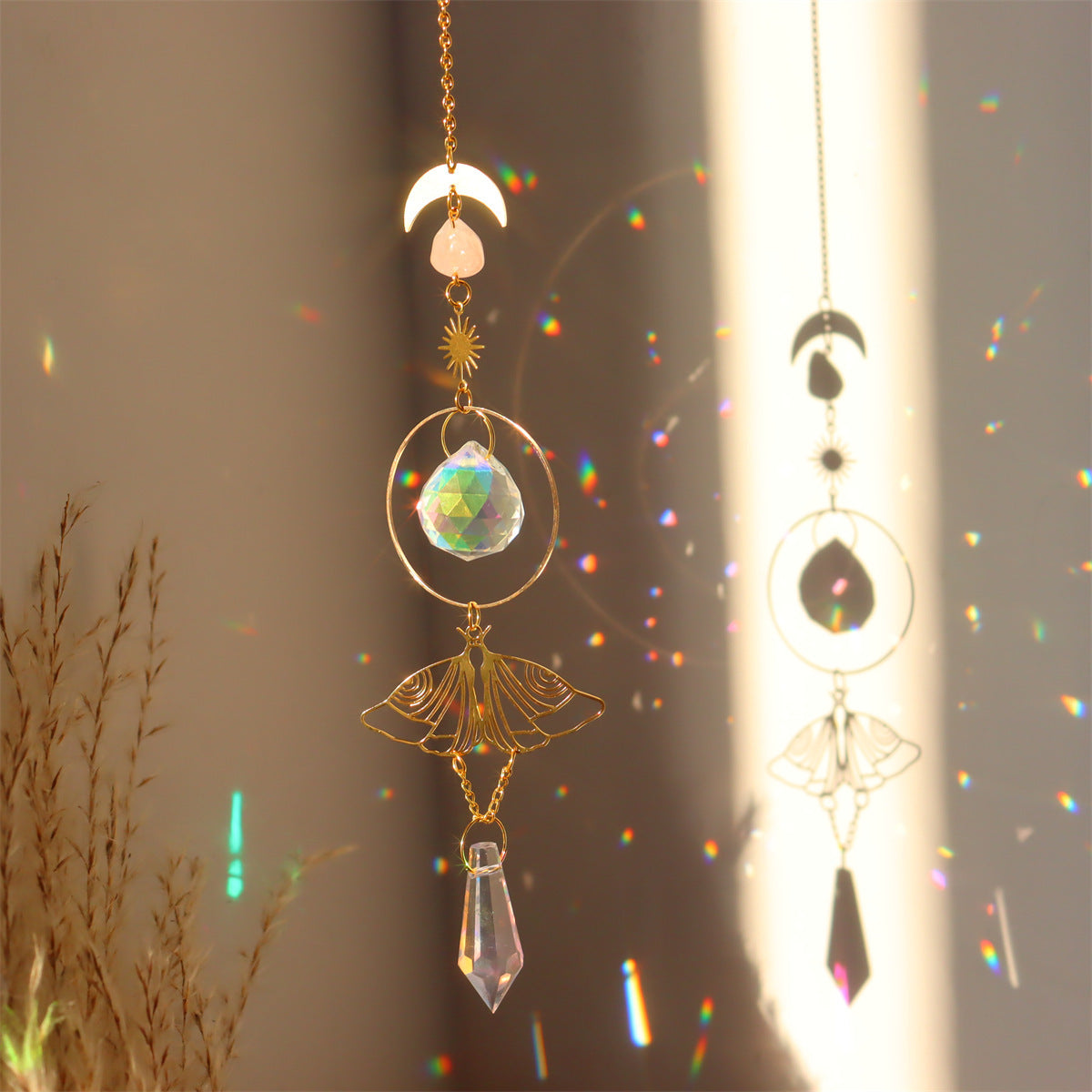 Brass Butterfly Moth Crystal Sun Catcher Pink Crystal Rough Stone Window Room Decoration Hanging Ornament