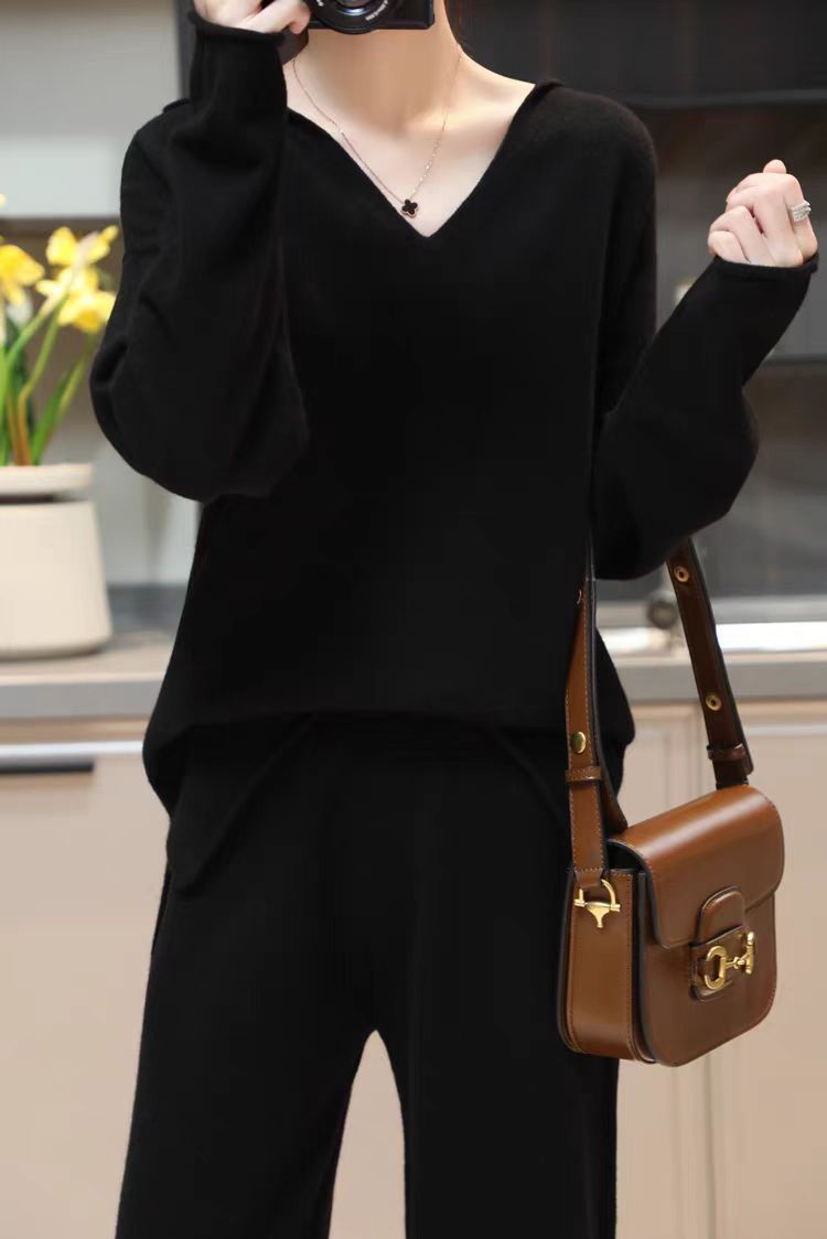 Unisex Korean Cashmere Hooded Top Spliced Wide Leg Pants