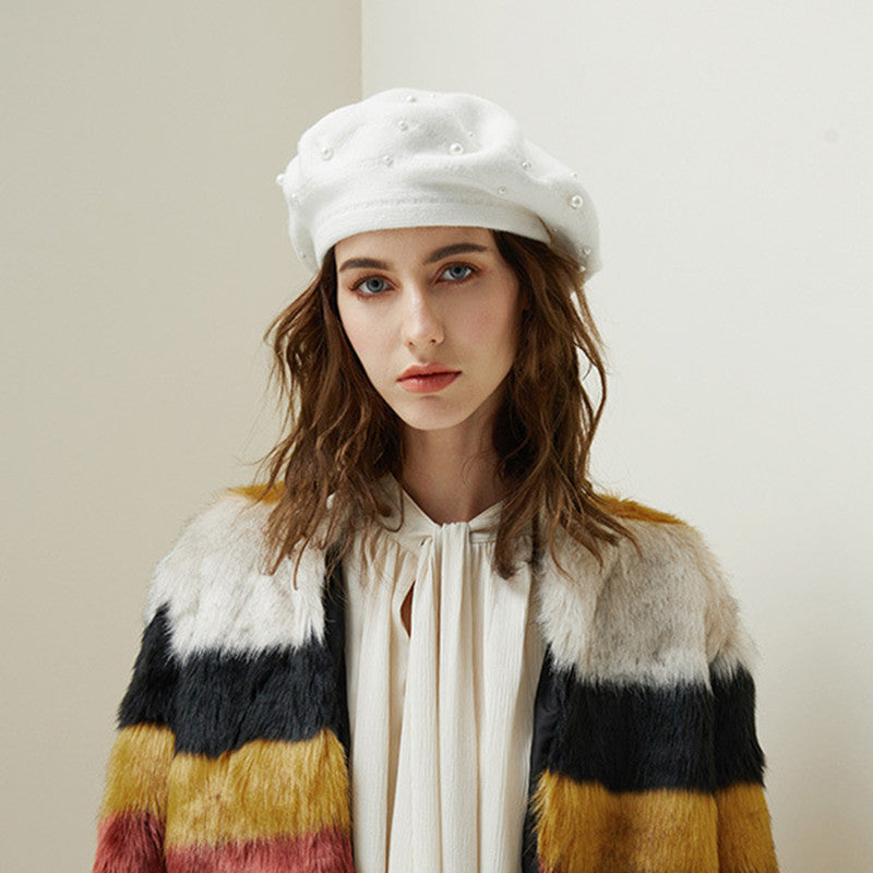 Elegant Pearl-Embellished Korean Rabbit Fur Women’s Autumn Winter Beret