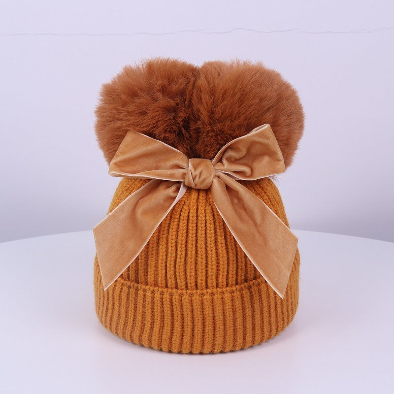 Double Ball Bow Knit Hat For Thick And Warm