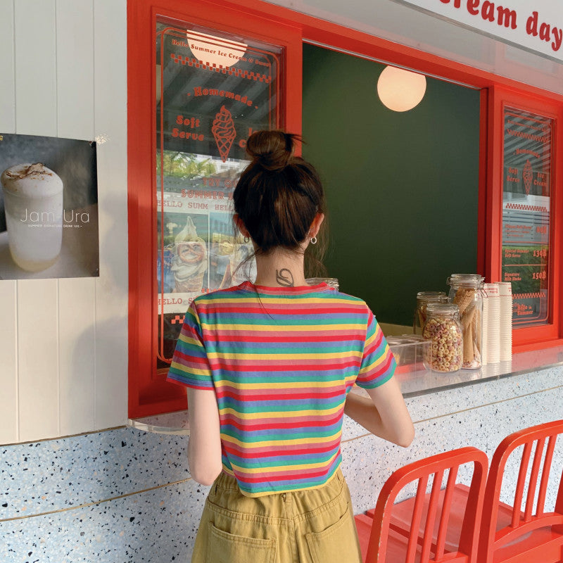 Loose Rainbow Stripes Short Sleeve T-shirt Top