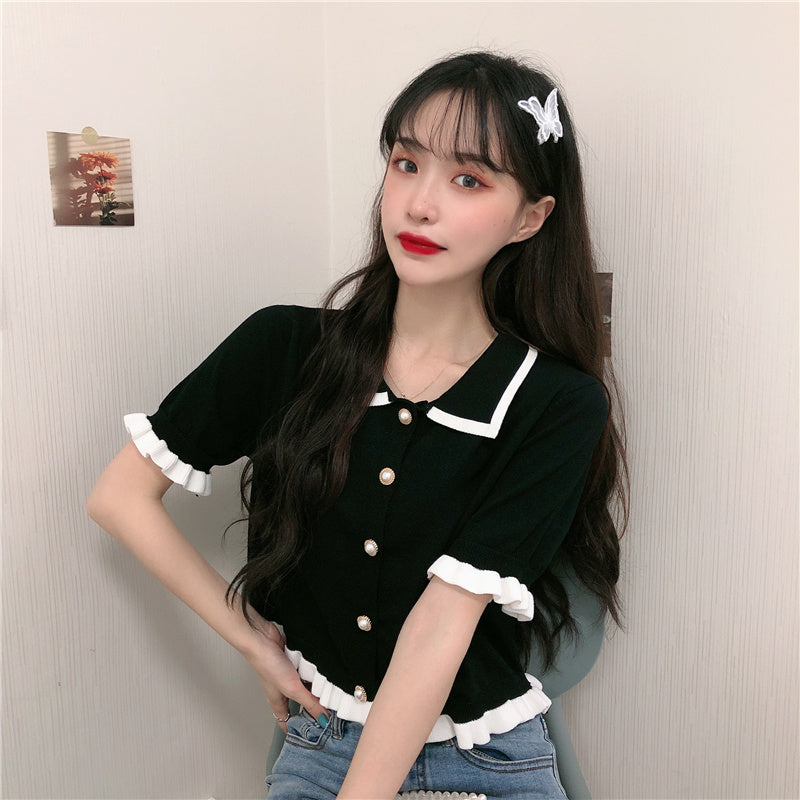 Summer Clothes Knitted Doll Collar Crop Top