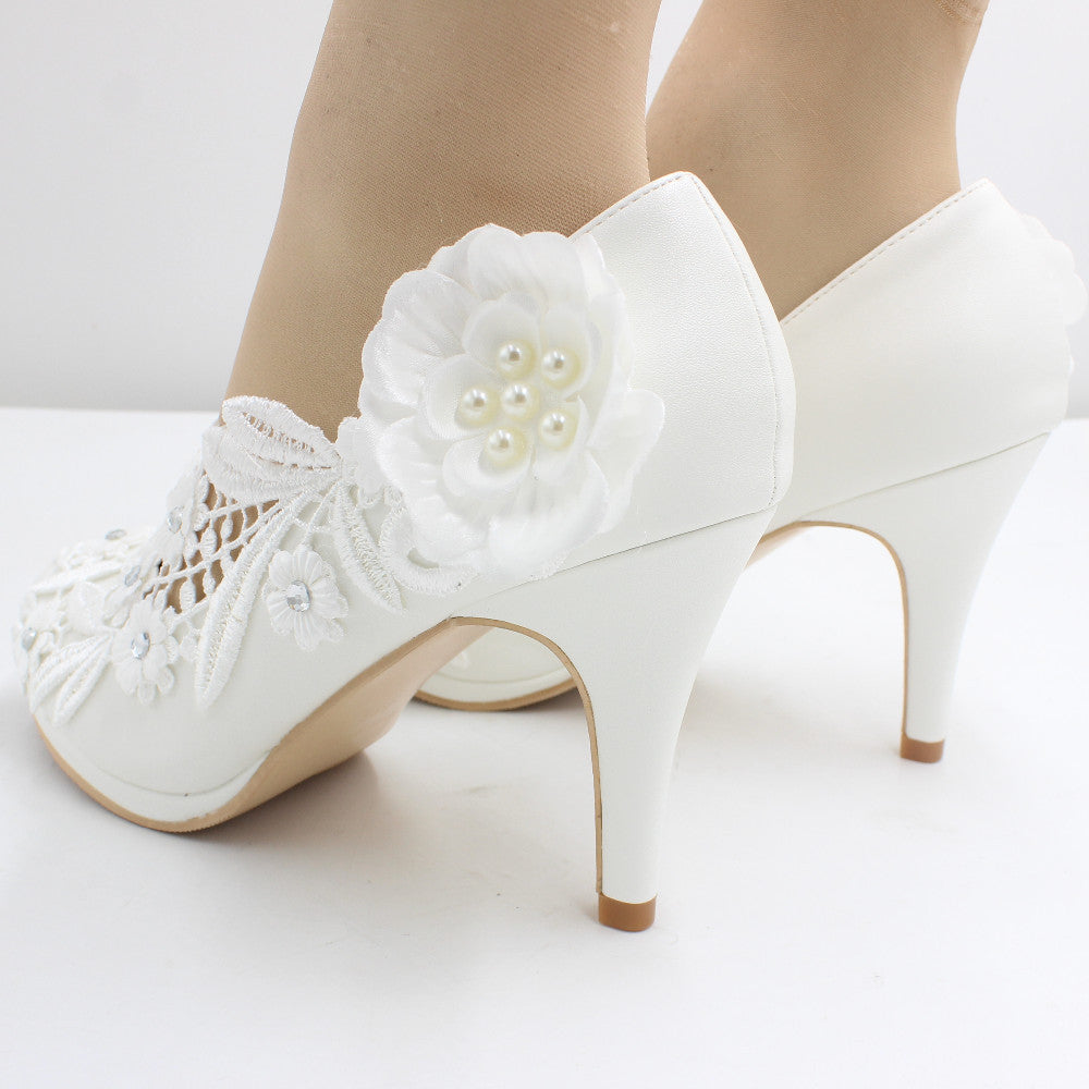 White Matte Lace Flower Wedding Stiletto Heels