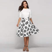 Large Polka Dot Slim Fit Mid-Length Skirt with Large Hem