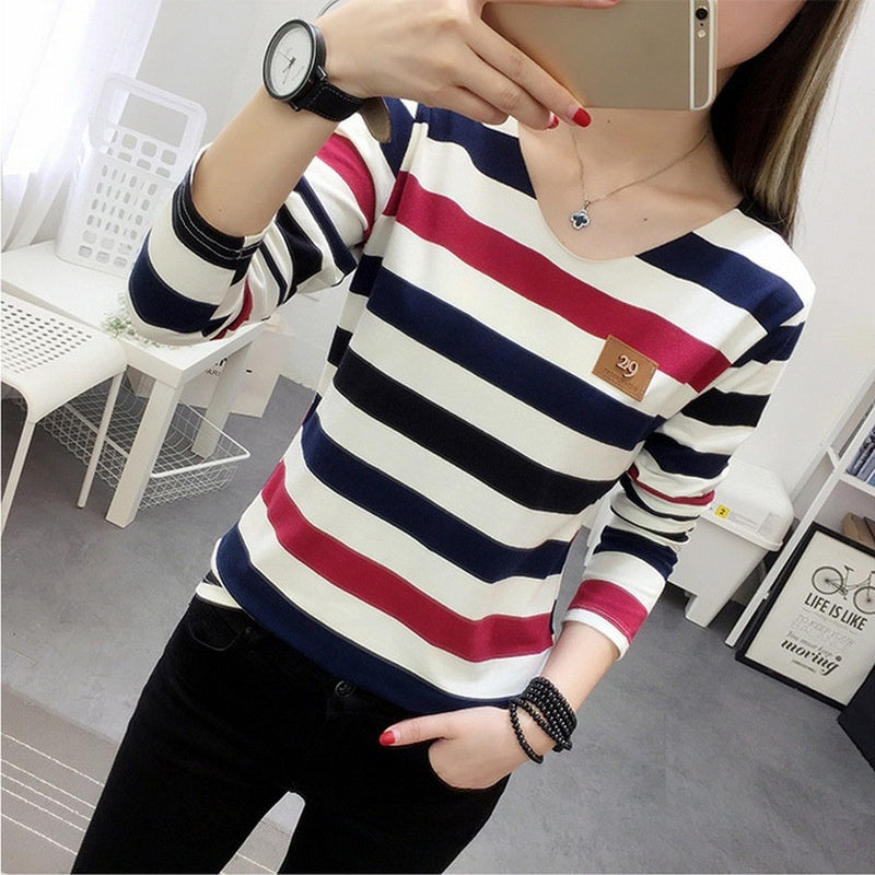 Womens Slim Fit Striped T Shirt Chemical Fiber Red