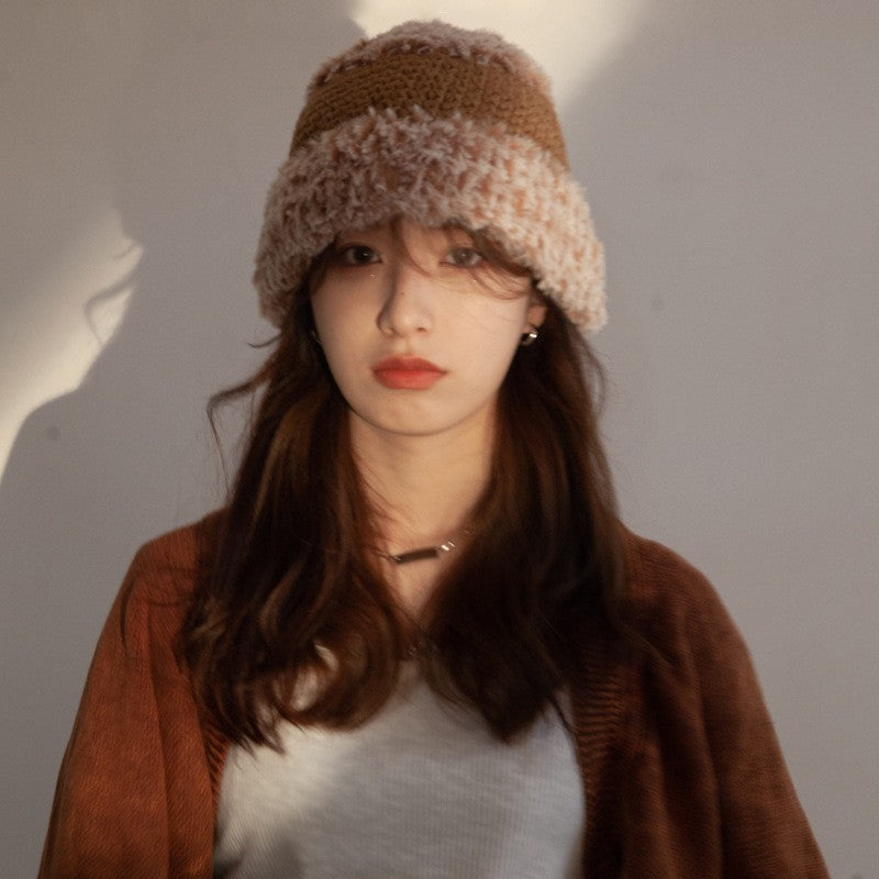 Korean-Style Plush Wool Wide-Brim Fisherman Hat with Dome Crown