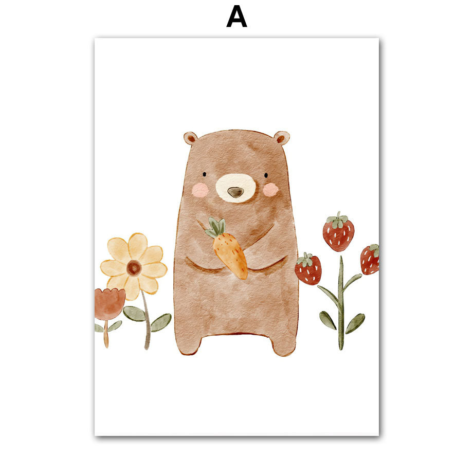 Bohemian Nursery Wall Art – Cartoon Bear, Rabbit, Alpaca, Rainbow & Sun Canvas Painting