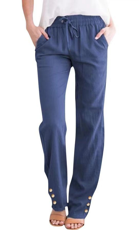 Women’s Cotton-Linen Casual Straight-Leg Pants with Straps