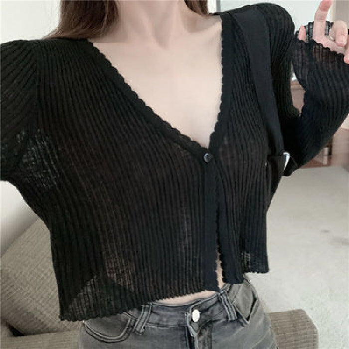 Short Ice Silk Sun Protection Outerwear Knitted Cardigan Women Coat Sling Dress Small Outerwear