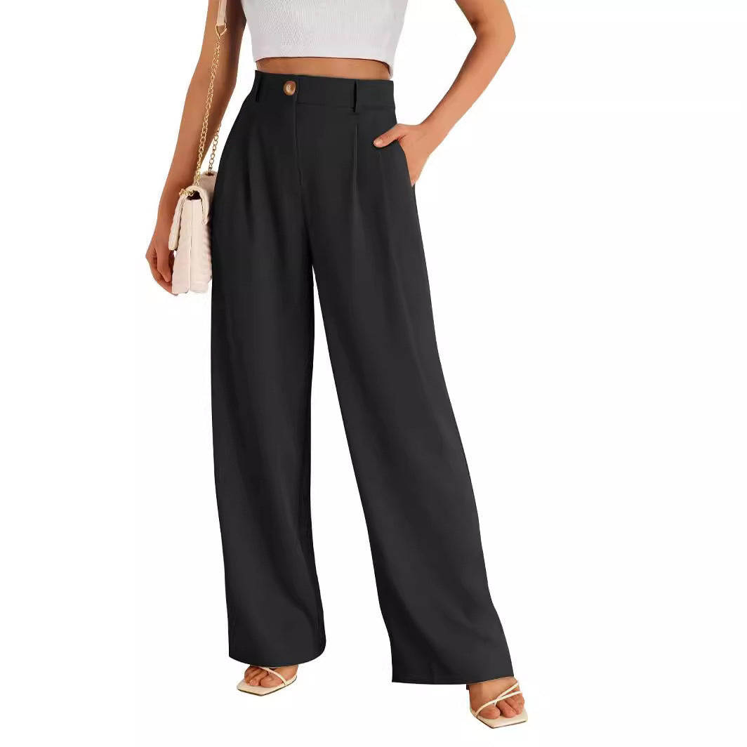 Women’s High-Waist Straight-Leg Pants with Zipper Detail – Elegant Polyester Trousers