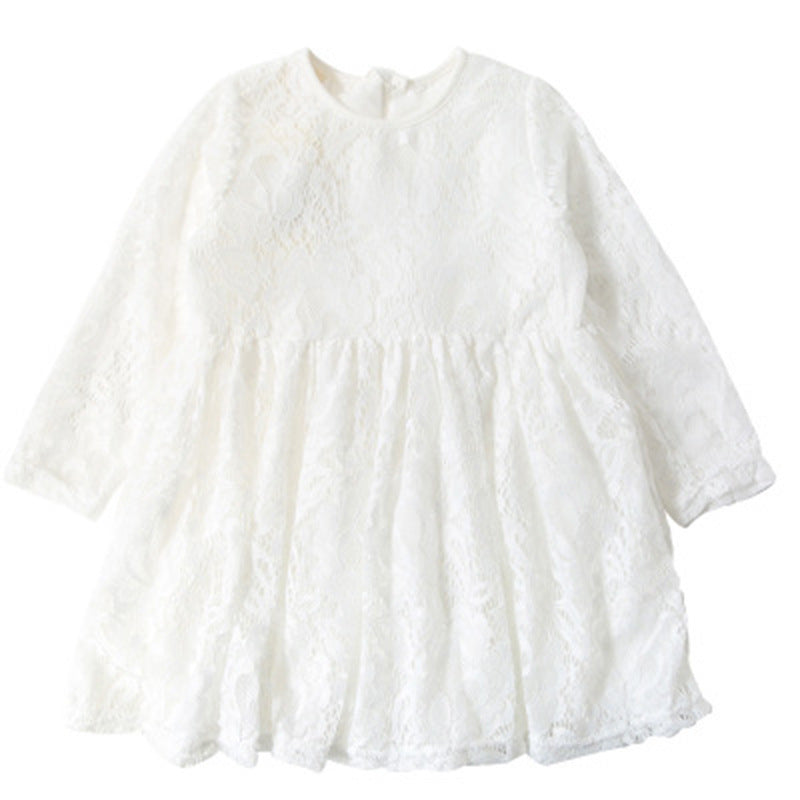 Girls Korean Long Sleeve Lace Round Neck Dress Princess Dress