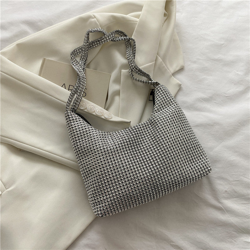 Women's Diamond Inlaid Silver PU Bucket Bag Shoulder Tote